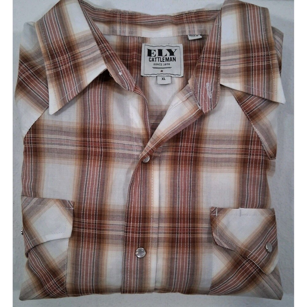 Ely Cattleman Western Shirt Men XL Long Sleeve Pearl Snap Button Up Cowboy Brown